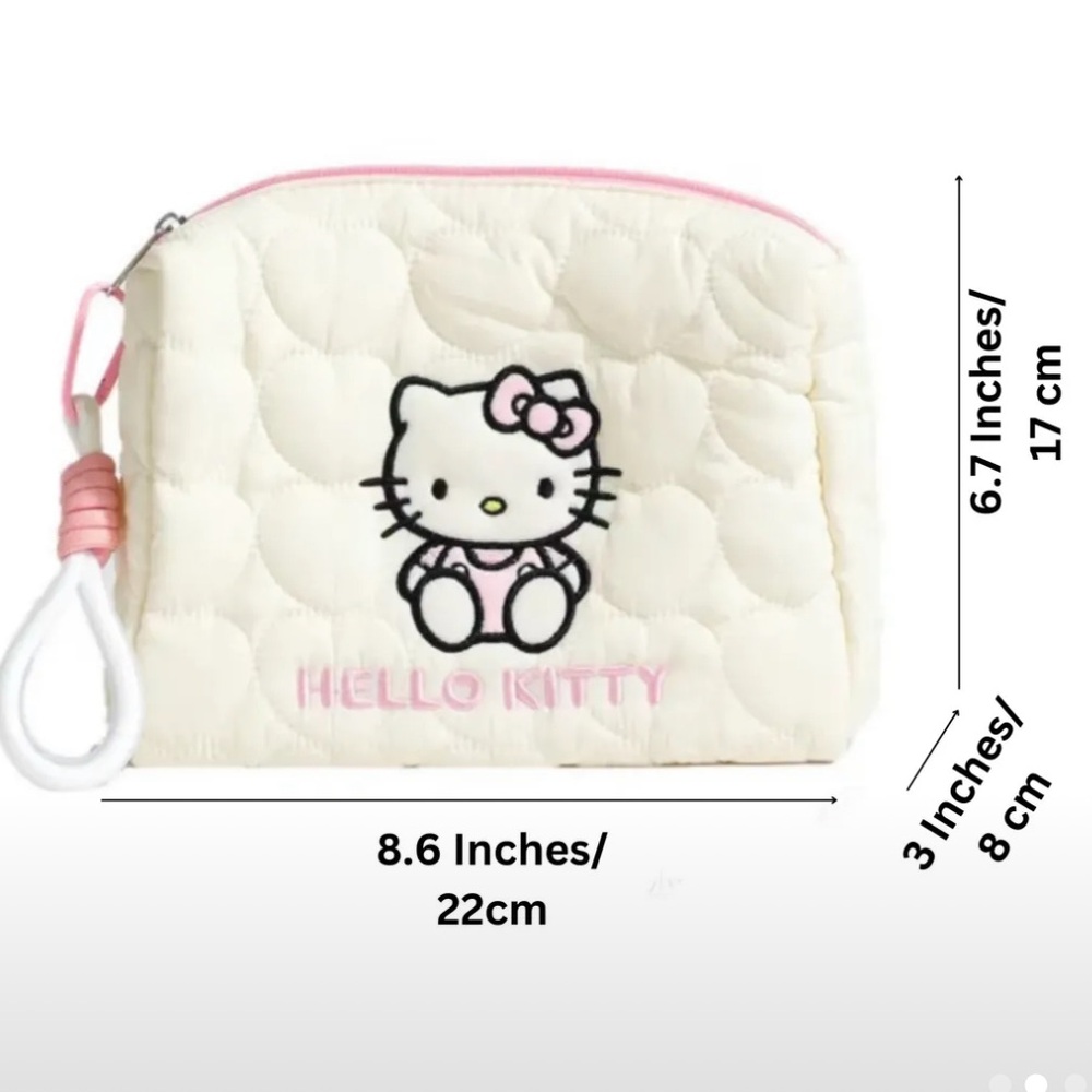 Hello Kitty Quilted Hearts Embroidered Large Storage Makeup Cosmetic Bag Kawaii - Picture 2 of 4